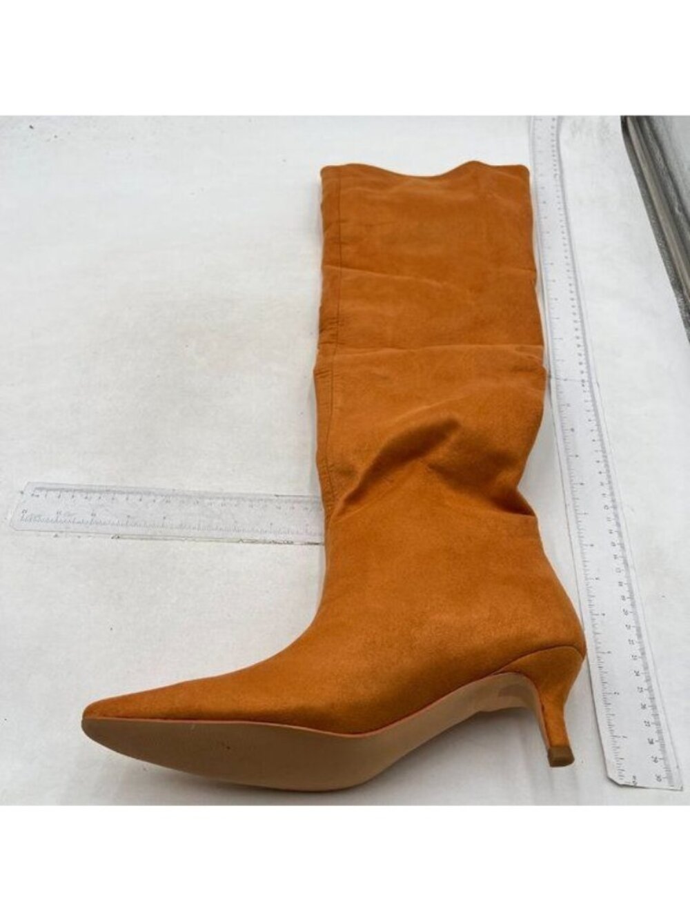 Women Stretchy Knee High Boots Closed Square Toe Low Kitten Heels Orange Brown